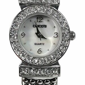 Chicos Womens Quartz Watch Mother of Pearl Dial Crystal Bezel Silver Tone Cuff